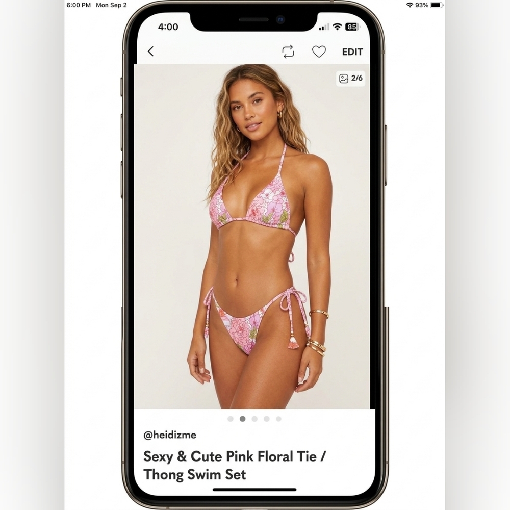 Sexy & Cute Pink Floral Tie / Thong Swim Set